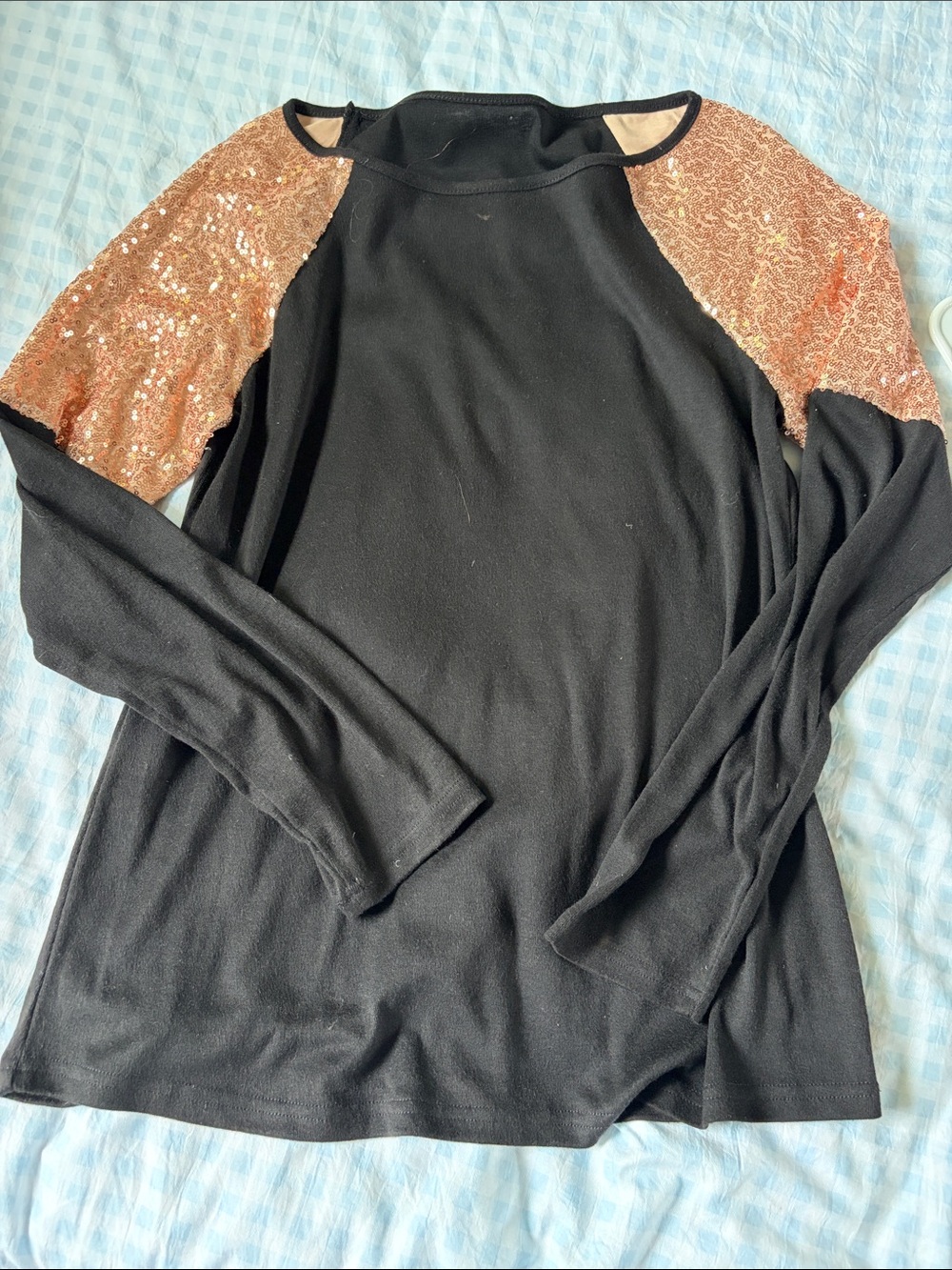 Black Long-Sleeve Top with Rose Gold Sequin Shoulders
